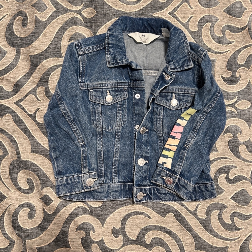 H&M Blue Jean Jacket with Distressed Look and Colorful Sleeve